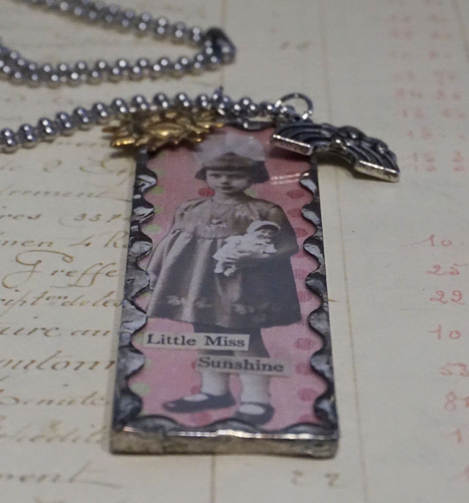 Little Miss Sunshine Charm Necklace Mixed Media Necklace Collage Art