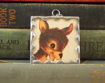Kangaroo Pendant - Soldered Glass Charm with Vintage Book Illustration - Australian Animal - Kangaroo Charm - Handmade Jewelry
