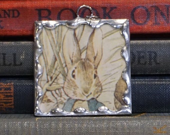 Peter Rabbit Pendant - Soldered Glass Pendant - Vintage Beatrix Potter Book Illustration - Peter Rabbit Jewelry - Gardening Gardener Gift