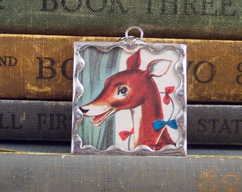 Oh Deer Pendant - Soldered Glass Pendant - Deer Charm made with Vintage Book Illustration - Kitschy Deer Jewelry