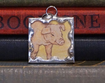Soldered Pig Pendant made with a Vintage Book Illustration - Farm Animal Jewelry