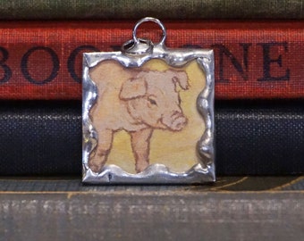 Pink Pig Pendant - Soldered Glass Charm with Vintage Book Illustration - Piglet Charm - Pig Jewelry - Farm Animal