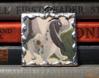 Basset Hound Pendant - Hand Soldered Glass Charm made with Vintage Book Illustration - Basset Charm