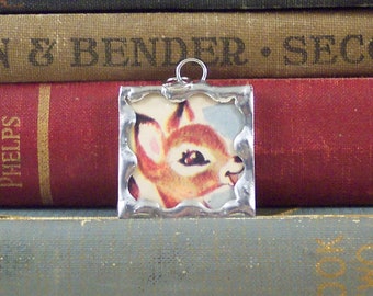 Little Deer Pendant - Fawn Charm - Soldered Charm with Vintage Bambi Book Illustration - Woodland Animal Jewelry - Bambi Pendant