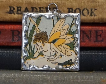 Fairy Pendant - Soldered Glass Charm - Vintage Book Jewelry - Fantasy Charm - Fairy Jewelry