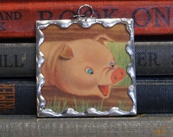 Pig Pendant - Soldered Glass Charm made with Vintage Book Illustration - Retro Pig Jewelry - Kitschy Farm Animal