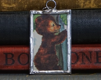 Vintage Book Illustration Pendant: Handmade Soldered Glass Brown Bear Charm