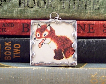 Red Fox Pendant - Vintage Book Illustration - Hand Soldered Glass Charm