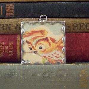 Owl Pendant Hand Made Soldered Glass Charm with Real Vintage Book Illustration Woodland Bird Owl Jewelry image 1