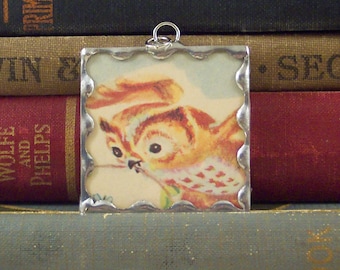 Owl Pendant - Soldered Glass Charm made with Vintage Book Illustration - Flying Owl Charm