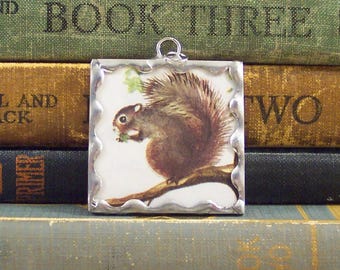 Squirrel Pendant - Soldered Glass Pendant - Oh Nuts Charm - Vintage Illustration Book Jewelry - Squirrel Jewelry