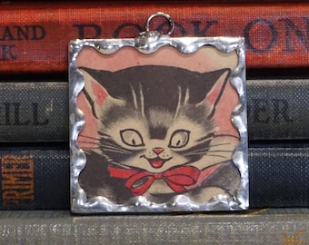 Grey Tabby Cat Pendant - Vintage Illustration Book Pendant - Hand Made Soldered Glass Pendant - Kitschy Cat Jewelry