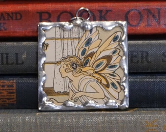 Fairy Soldered Pendant - Soldered Glass Fairy Charm - Vintage Book Jewelry - Fairy Tale Charm - Fairy Jewelry