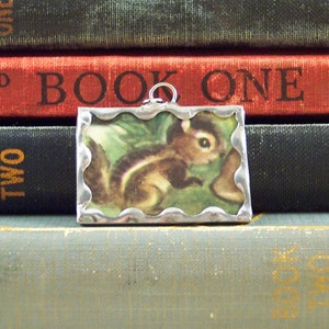 Chipmunk Pendant - Handmade Soldered Glass Charm with Vintage Book Illustration - Woodland Animal Pendant - Chipmunk Charm