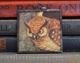 Spooky Owl Soldered Pendant - Handmade Pendant with Vintage Book Illustration - Owl Jewelry - Halloween Owl Pendant