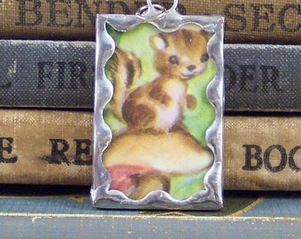 Chipmunk Pendant - Vintage Book Charm - Soldered Glass Chipmunk Charm - Book Jewelry