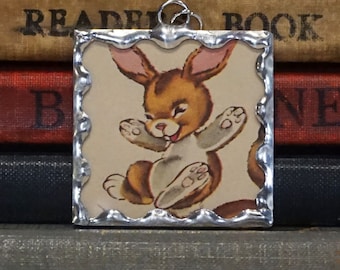 Hopping Bunny Pendant - Soldered Glass Rabbit Charm - Bunny Rabbit Charm - Kitschy Jewelry - Vintage Book Pendant