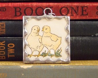 Baby Chicks Soldered Glass Charm - Spring Chicken Pendant Made with Vintage Book Illustration - Farm Animal Jewelry