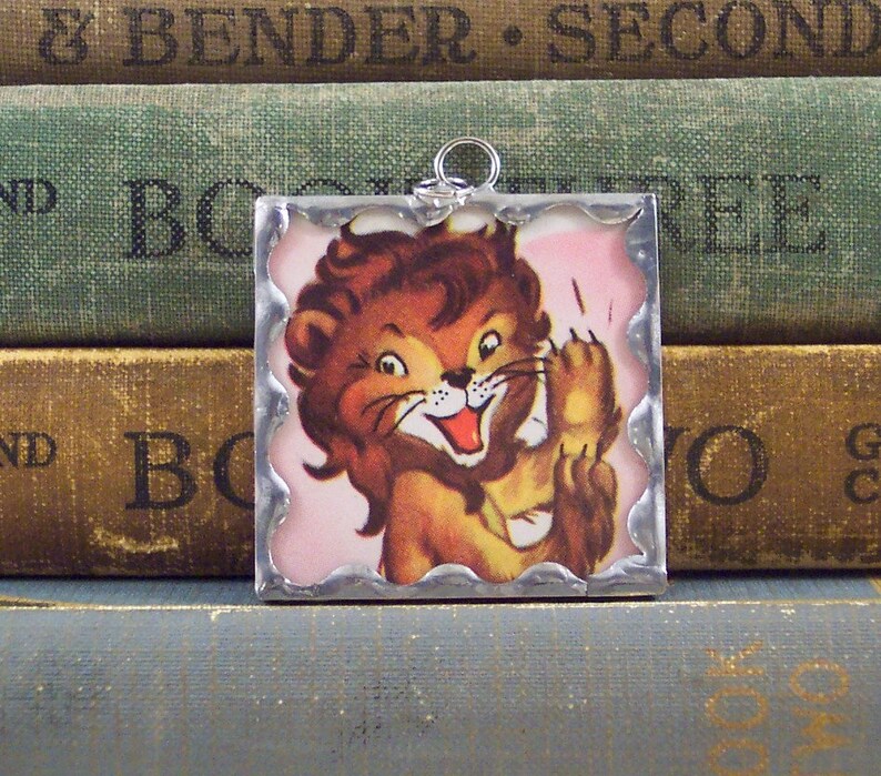 Soldered Glass Charm Made from Vintage Playing Card Mixed Media Jewelry Lion Pendant