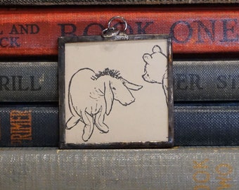 Winne the Pooh and Eeyore Pendant - Soldered Glass Pendant - Vintage Winnie the Pooh Jewelry - Eeyore and Pooh Jewelry - Pooh Charm