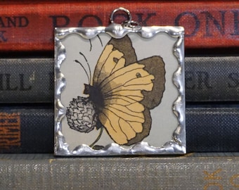 Yellow Butterfly Pendant - Handmade Soldered Glass Jewelry - Vintage Book Charm - Lucky Clover Pendant - Butterfly Charm