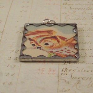 Owl Pendant Hand Made Soldered Glass Charm with Real Vintage Book Illustration Woodland Bird Owl Jewelry image 2