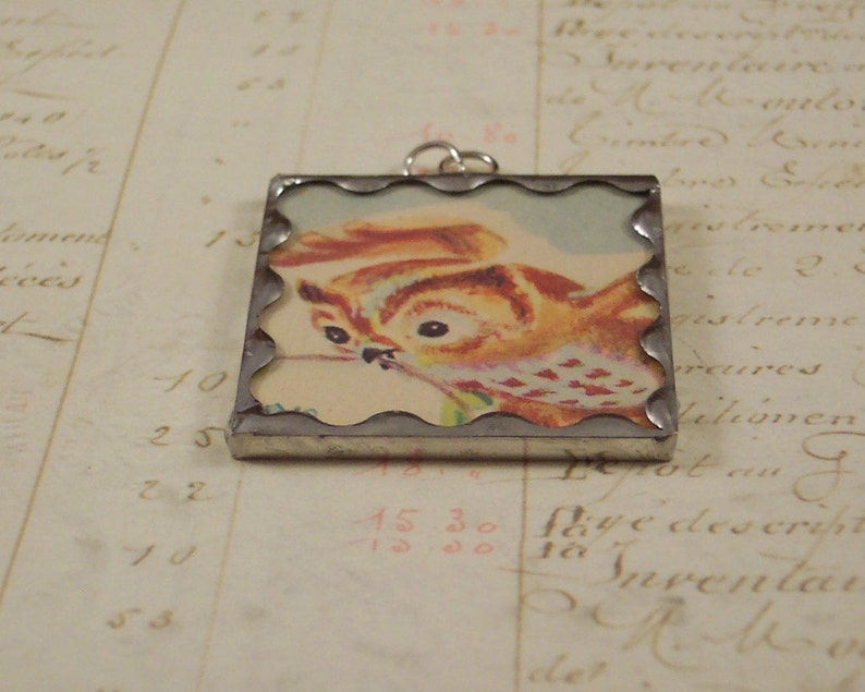 Owl Pendant Hand Made Soldered Glass Charm with Real Vintage Book Illustration Woodland Bird Owl Jewelry image 2