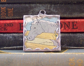 Soldered Glass Horse Pendant: Vintage Book Illustration Jewelry