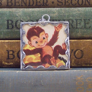 Vintage Book Monkey Pendant: Soldered Glass Zoo Animal Charm