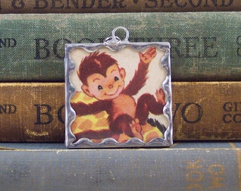 Monkey Pendant - Monkey Charm with Vintage Book Illustration - Soldered Glass Pendant - Zoo Animal Charm - Primate Pendant - Book Jewelry