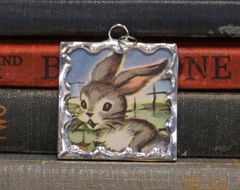 Grey Bunny Rabbit Pendant - Soldered Glass Pendant Made from Vintage Book Illustration - Rabbit Charm - Spring Easter Jewelry