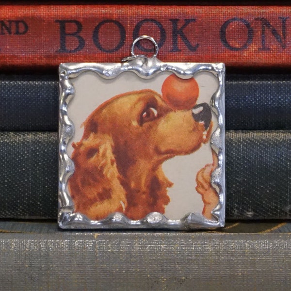 Good Dog Pendant - Irish Setter Pendant - Dog Charm - Soldered Glass Charm Made w/ Real Vintage Book Art - Dog Lover Jewelry