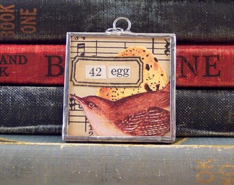 Bird and Egg Pendant - Soldered Glass Collage Art Charm
