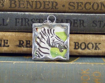 Zebra Pendant - Soldered Glass Charm - Vintage Book Charm - African Safari Zoo Animal - Handmade Zebra Jewelry