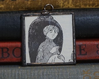 Edward Gorey Pendant - Vintage Book Illustration Charm - Soldered Glass Pendant - Literary Charm - Bibliophile Gift