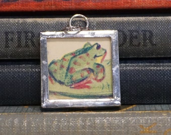 Green Frog Pendant - Soldered Glass Pendant made with Vintage Book Illustration - Frog Jewelry Charm
