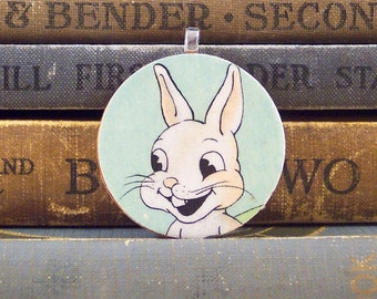 Wooden White Rabbit Pendant - Kitschy Jewelry - Vintage Rabbit Book Pendant