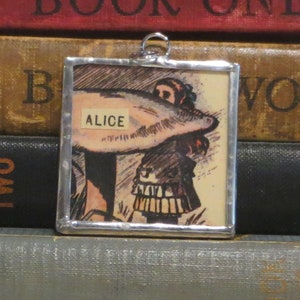 Alice in Wonderland Pendant - Alice and Mushroom Charm w/ Vintage Tenniel Illustration - Literary Jewelry - Book Charm