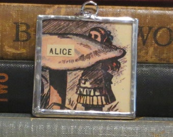 Alice in Wonderland Pendant - Alice and Mushroom Charm w/ Vintage Tenniel Illustration - Literary Jewelry - Book Charm