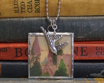 Fairy Tale Castle Charm Necklace - Soldered Glass Pendant - Fantasy Castle Necklace - Castle Jewelry - Vintage Fairy Tale Book Charm