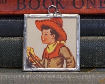 Little Cowboy Pendant - Country Western Jewelry - Soldered Glass Pendant with Vintage Book Illustration - Cowboy and Horse - Horse Riding