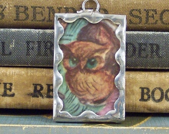 Vintage Owl Illustration Pendant: Soldered Glass Charm, Upcycled Jewelry