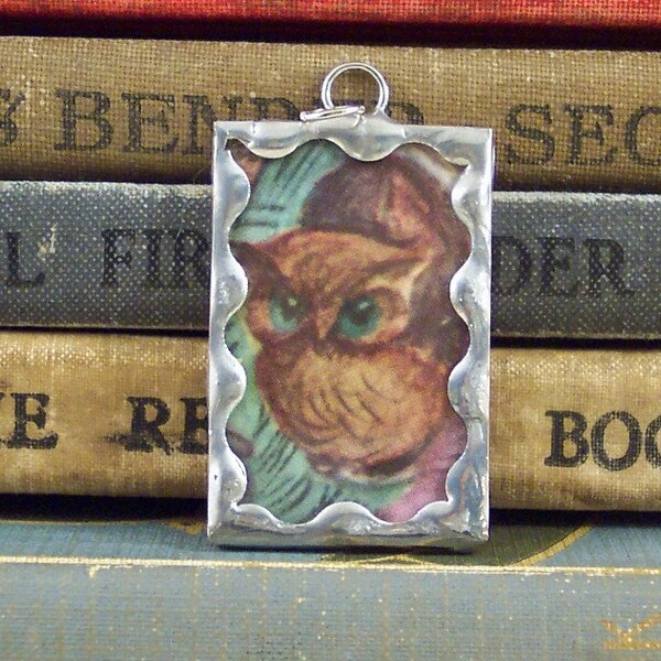 Retro Owl Pendant with Vintage Book Illustration - Soldered Glass Charm - Teachers Gift - Bird Watcher - OOAK - Upcycled Jewelry