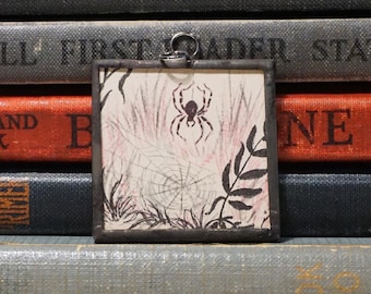Spider and Spider Web Pendant - Soldered Glass Pendant made with Vintage Book Illustration - Vintage Spider Jewelry - Gothic Spider Pendant
