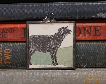 Black Sheep Pendant - Soldered Glass Charm made from Vintage Book Illustration - Farm Animal - Black Sheep Jewelry