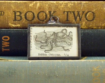 Octopus Pendant - Vintage Dictionary Charm - Nautical Ocean Sea Creature -  Soldered Glass Pendant - Octopus Jewelry - Dark Academia