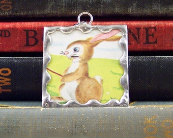 Tortoise and Hare Pendant - Aesop Fable Pendant - Soldered Glass Pendant - Tortoise Pendant - Rabbit Pendant - Fairy Tale Book Charm