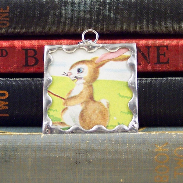 Tortoise and Hare Pendant - Aesop Fable Pendant - Soldered Glass Pendant - Tortoise Pendant - Rabbit Pendant - Fairy Tale Book Charm