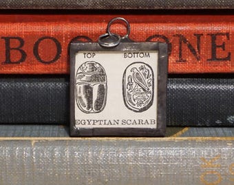 Egyptian Scarab Charm - Soldered Glass Pendant - Vintage Dictionary Book Charm - Dark Academia