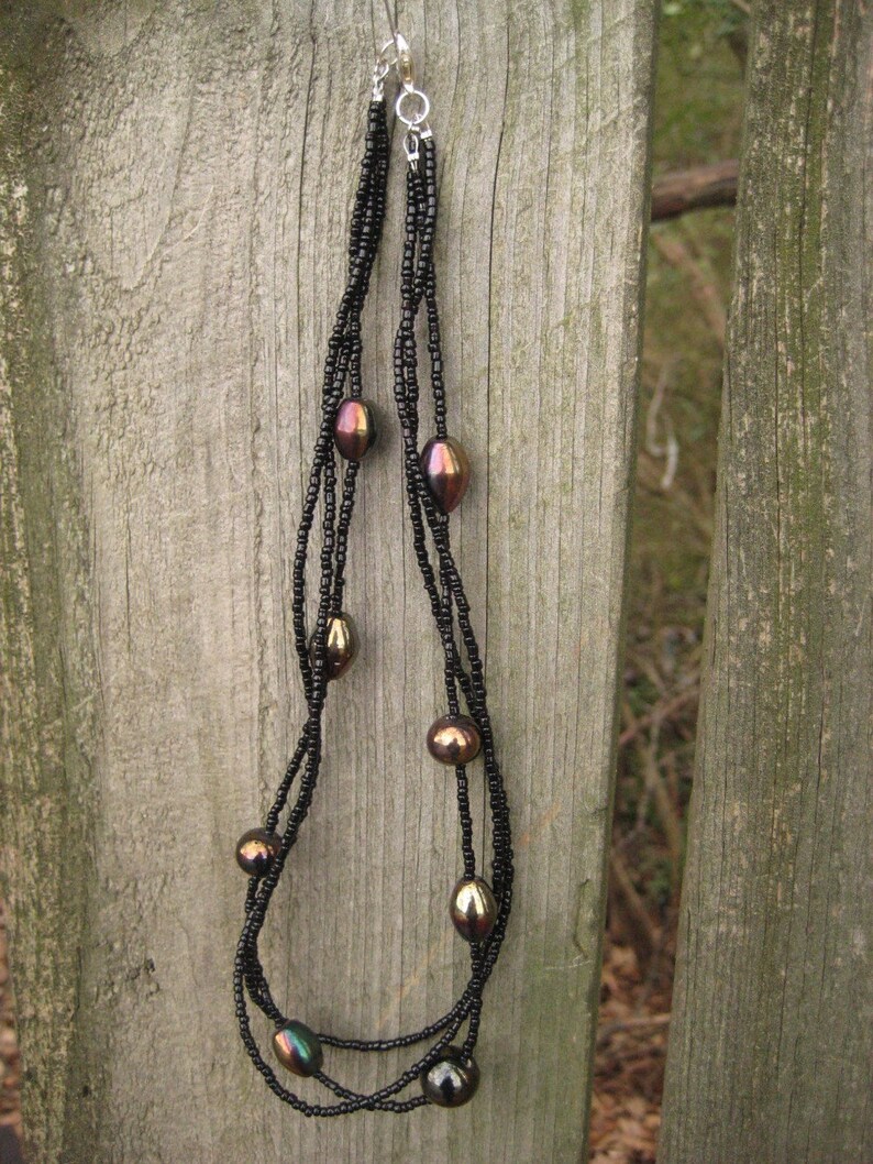 Black Oil Braided Beaded Necklace and Earrings Set